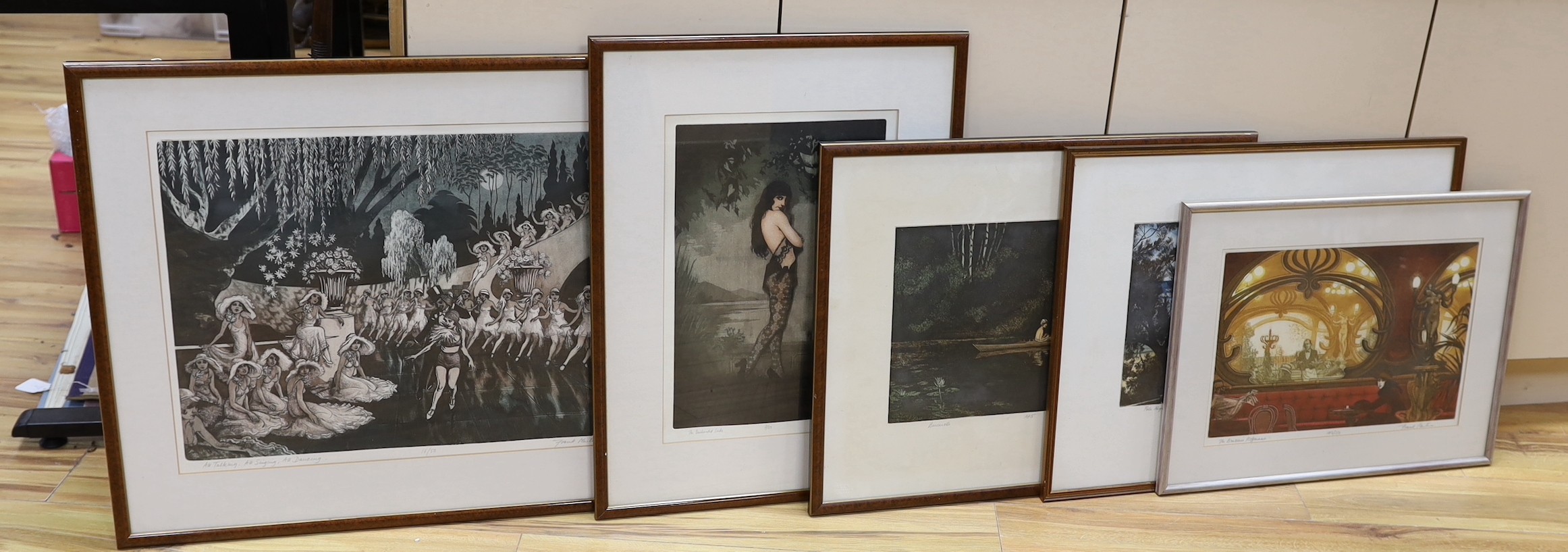 Frank Martin (1921-2005), five limited edition etchings with aquatint, 'All Talking All Singing', 'The Enchanted Lake', 'Barcaville', 'Polanegri' and 'The Brasserie Hoffmann', all signed in pencil and inscribed, largest